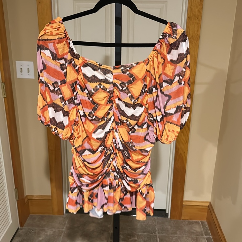 DR2 by Daniel Rainn women’s Puff Sleeve Ruched Mesh Peplum Top - Picture 9 of 11